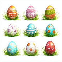 Painted Easter Eggs Collection with Green Grass and Transparent Background for a Festive Spring Holiday Template







