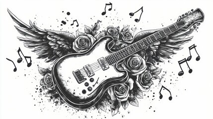 Obraz premium Electric guitar, roses, angel wings and music notes. Rock and roll t-shirt design. Symbol of music. Tattoo art. Vector graphics template. Hand drawn illustration