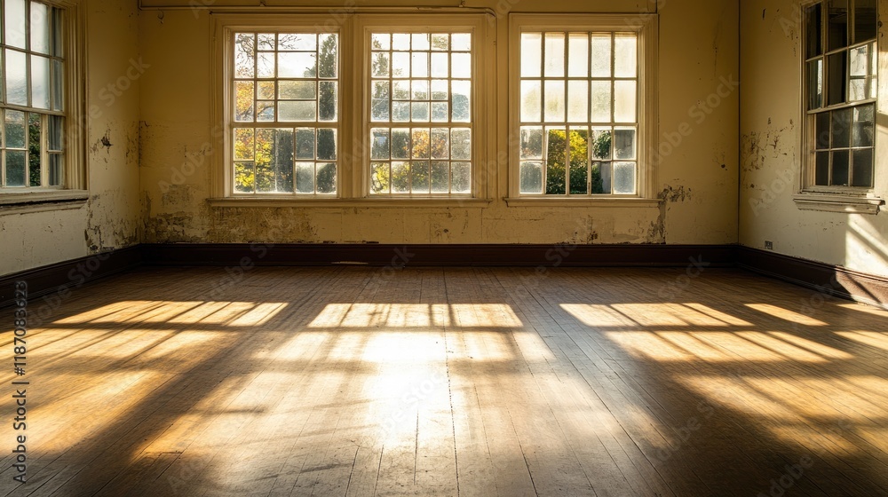 Aufkleber an empty studio with sunlight filtering through unseen windows, casting soft, abstract shadows on wa