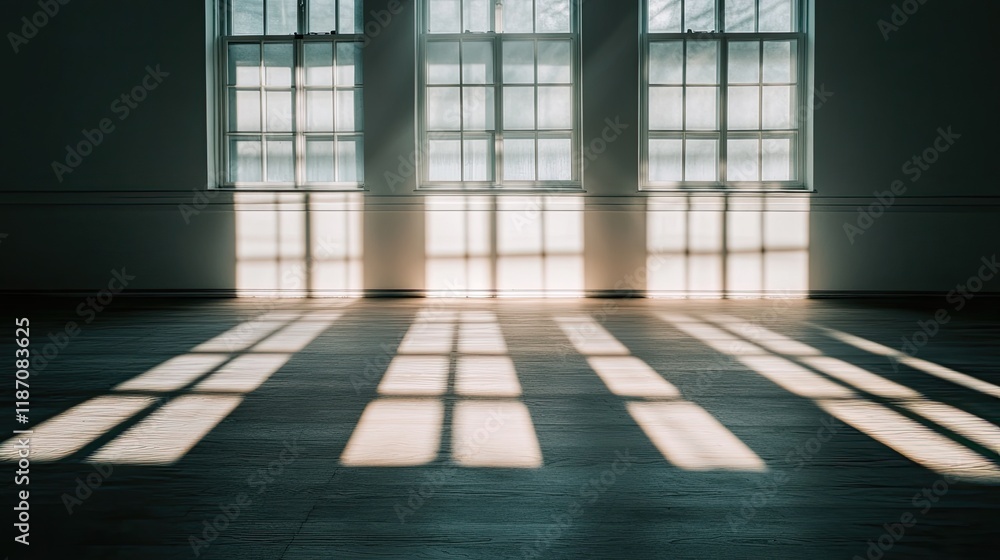 Poster an empty studio with sunlight filtering through unseen windows, casting soft, abstract shadows on wa