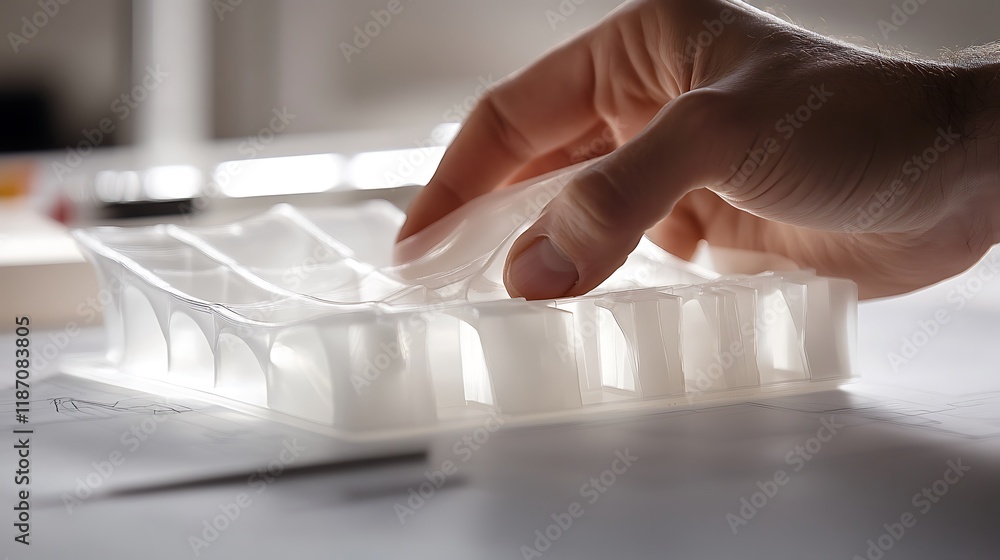 Poster hand delicately peeling a layer from a translucent 3d printed architectural model.