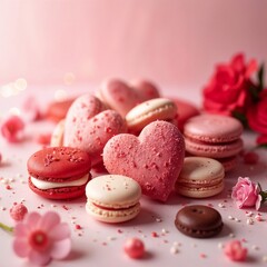 Obraz premium Romantic pink heart-shaped gingerbread with glitter for Valentine's Day. Ai generated