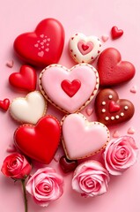 Obraz premium Romantic pink heart-shaped gingerbread with glitter for Valentine's Day. Ai generated