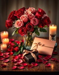 Obraz premium A romantic and cozy still life with roses, a love letter, candles and sweets. Ai generated