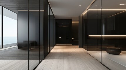 Fototapeta premium Classic black wall panels and sleek wooden flooring define this 3D-rendered room, a blank canvas for future interior design.