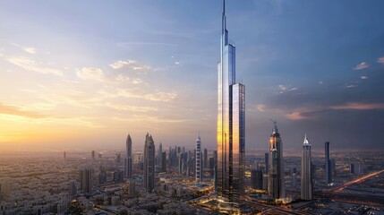 Fototapeta premium Majestic Skyscraper at Sunset Over Dubai Cityscape