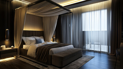 A luxurious hotel suite bedroom featuring an elegant canopy bed, sumptuous velvet drapes, and soft mood lighting, creating a romantic and opulent atmosphere for ultimate relaxation.
