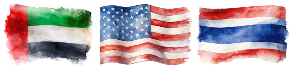 Obraz premium Watercolor flags, vibrant colors, national symbols, artistic representation, cultural diversity, global unity, decorative elements.