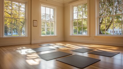 Empty yoga room featuring clean lines, natural wooden flooring, and pilates mats, with large windows offering a serene and inviting exercise space.