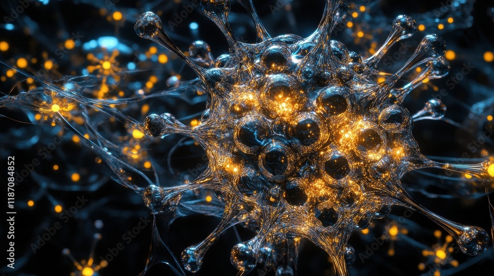 Poster This 3D representation showcases the intricate structure of a virus, highlighting its capsid, spikes, and glowing RNA strands in a scientific display