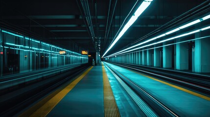 Fototapeta premium Empty Subway Platform Illuminated With Teal Lighting