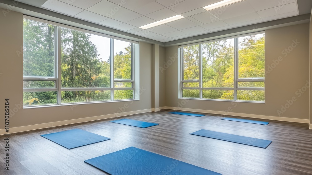 Poster Spacious yoga studio with modern flooring and mats, flooded with natural light from a large window, creating a calming and rejuvenating environment.