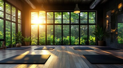 Spacious yoga room with pilates mats on polished wooden floors, a wide window framing outdoor greenery, creating a harmonious atmosphere for wellness.