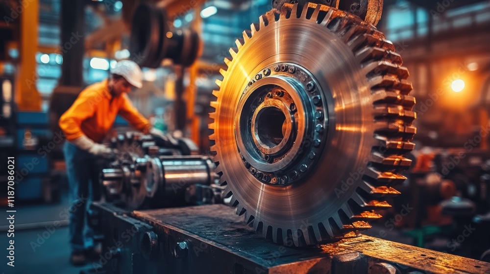 Poster large industrial gear in factory setting with worker