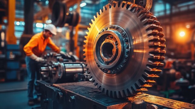 Large Industrial Gear in Factory Setting With Worker