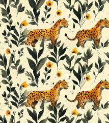 Whimsical watercolor seamless design featuring adorable brown leopards playing among yellow flowers and leafy greens, ideal for enchanting fabrics for children.