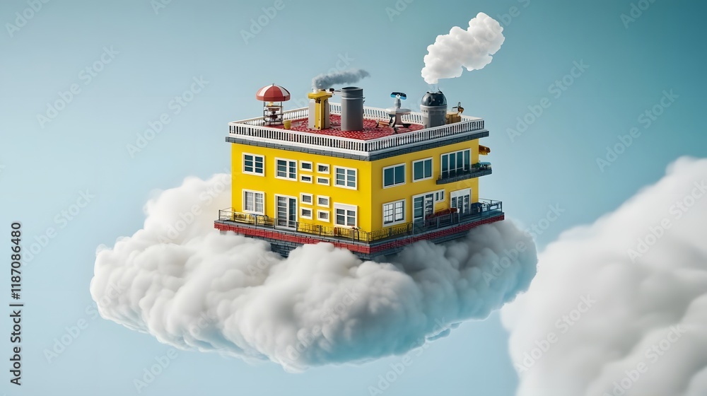Poster a whimsical floating building on clouds, blending architecture and imagination.