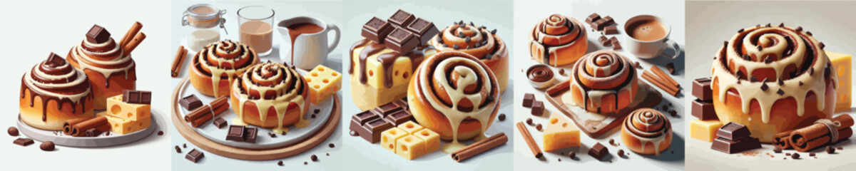 vector set of cinnamon rolls dishes