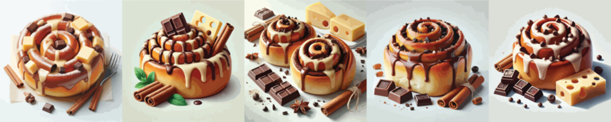 vector set of cinnamon rolls dishes
