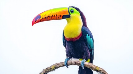 Fototapeta premium A colorful toucan with its iconic large beak, perched gracefully on a branch against a pure white background