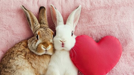 Valentine rabbit with romance and joy idea. Two adorable rabbits with a heart-shaped pillow.