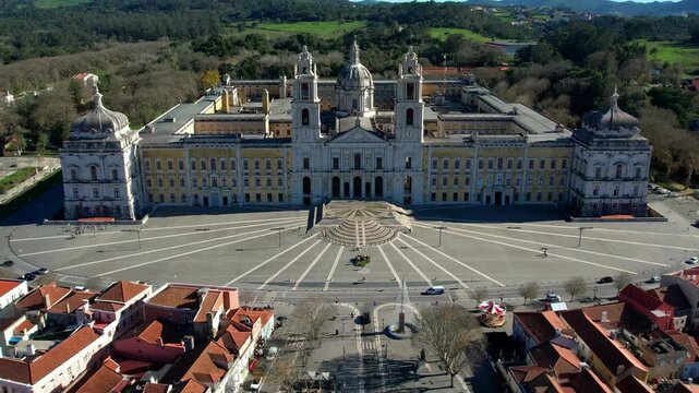 landmarks of Portugal. Mafra National Palace, barocco style. Unesco heritage site. High angle drone aerial view 4k hd video