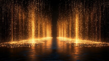 Glowing golden particles falling, reflecting on dark surface.