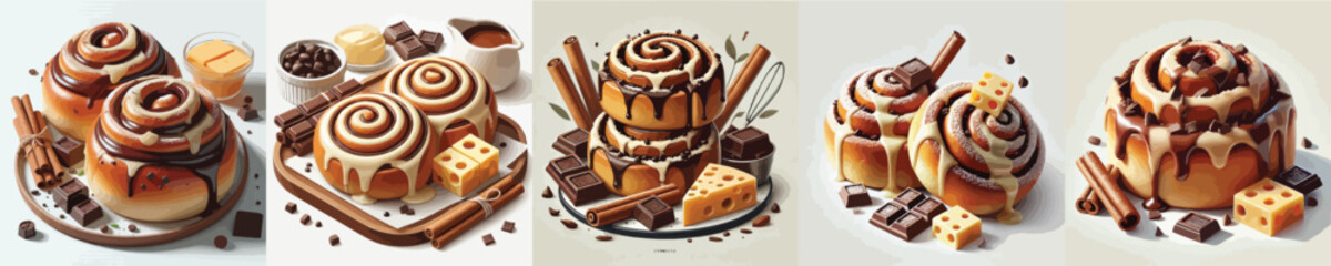 vector set of cinnamon rolls dishes