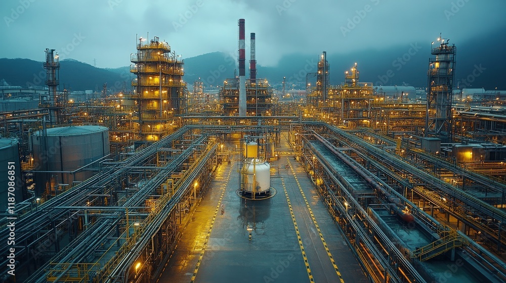 Poster aerial view of industrial area at dusk with smoke stacks and illuminated pipelines in a factory sett