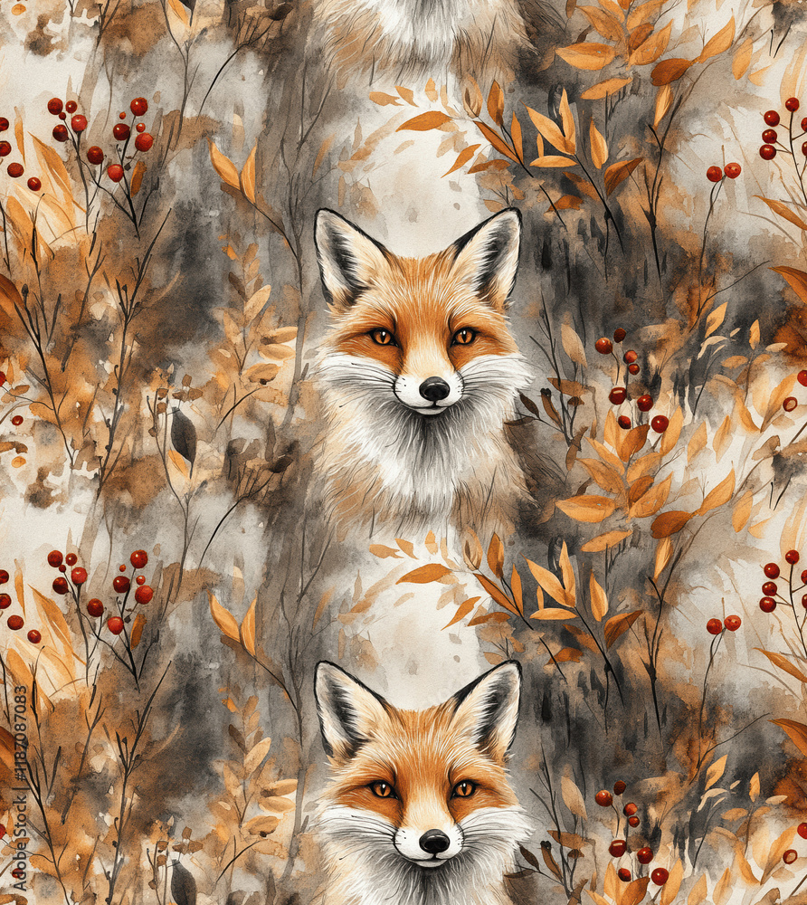 Poster charming watercolor seamless pattern with a focus on playful foxes surrounded by autumn foliage, an 