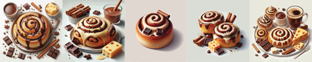 vector set of cinnamon rolls dishes