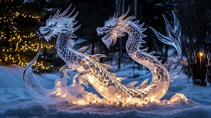 A glistening ice sculpture of a dragon, illuminated with soft lights, placed on a bed of fresh snow during a New Yeara??s celebration