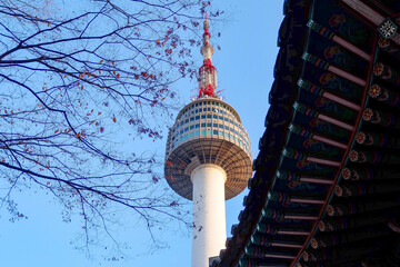 Beautiful view of N Tower or Seoul Tower on Namsan mountain during winter, Seoul, South Korea