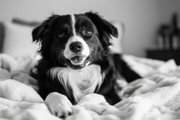 Happy dog lying on a white blanket on a bed, with sharp focus Generative AI
