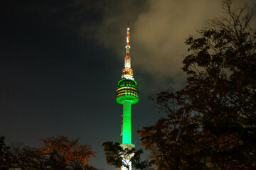 view of N Seoul Tower at Namsan Mountain at night in Seoul city