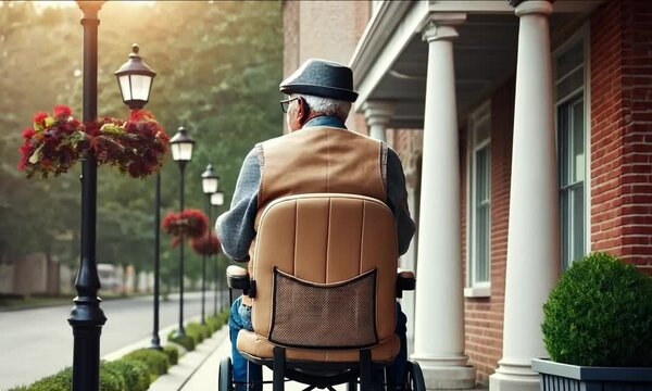 An elderly man on a mobility scooter leisurely explores a picturesque street, surrounded by warm lamplight and lush greenery. The tranquil atmosphere captures a moment of serenity
