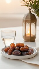Traditional iftar setup with dates and water on a ramadan table setting