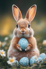 Fototapeta premium Rabbit holding blue speckled egg on grass, surrounded by flowers and additional blue eggs