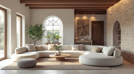 beige curved sectional sofa a sunlit living room