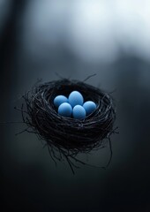 A nest of four blue eggs is suspended in the air