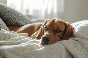 Cute dog lying on the bed with a white blanket and pillow, a happy expression Close-up view of a playful puppy in a modern bedroom Home decor with a pet concept Generative AI