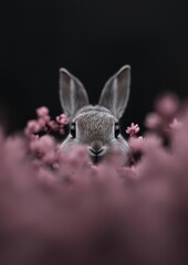 Obraz premium A rabbit is standing in a field of pink flowers