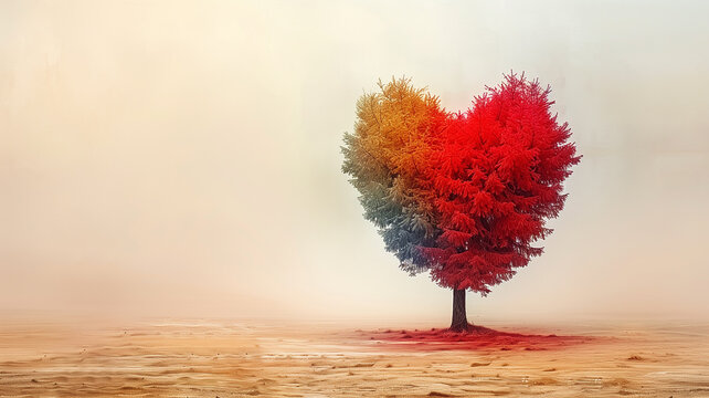 A vibrant heart-shaped tree with red and orange leaves, standing alone in a desert-like landscape. Symbolizing love, Valentine's Day, nature, and romance. 