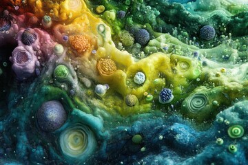 Fototapeta premium Vibrant landscape of bacterial formations showcasing diverse textures and colors. Generative AI