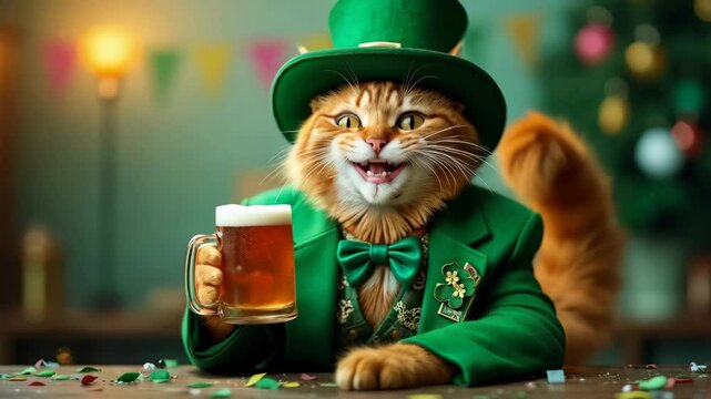 Festive Cat in Leprechaun Costume Enjoying a St. Patrick's Day Beer and joyful. Happy party animal cat
