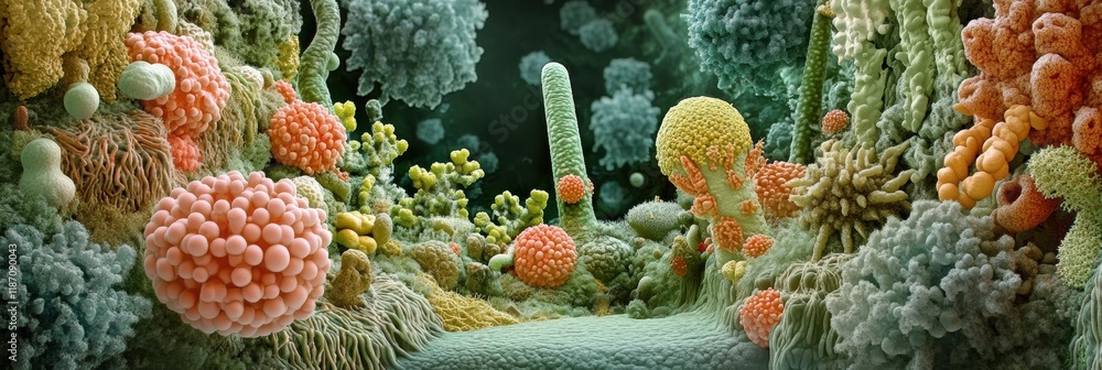 Poster exploring intricate textures and forms of bacteria in vibrant colors within a microscopic landscape.