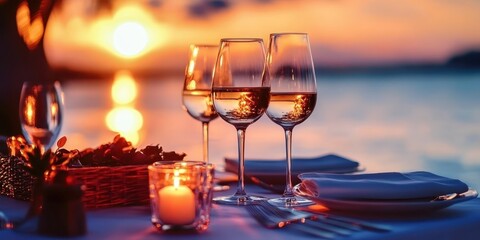 Romantic sunset beach scene, two wine glasses, rose petals, candlelight, ocean view, golden hour lighting, reflections on water, intimate setting, vibrant colors, soft focus, dreamy atmosphere, coasta