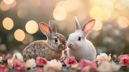 Obraz premium Valentine rabbit with romance and joy idea. Two adorable rabbits among flowers with soft bokeh background