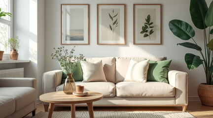 Fototapeta premium beige sofa sunlit living room with green accents