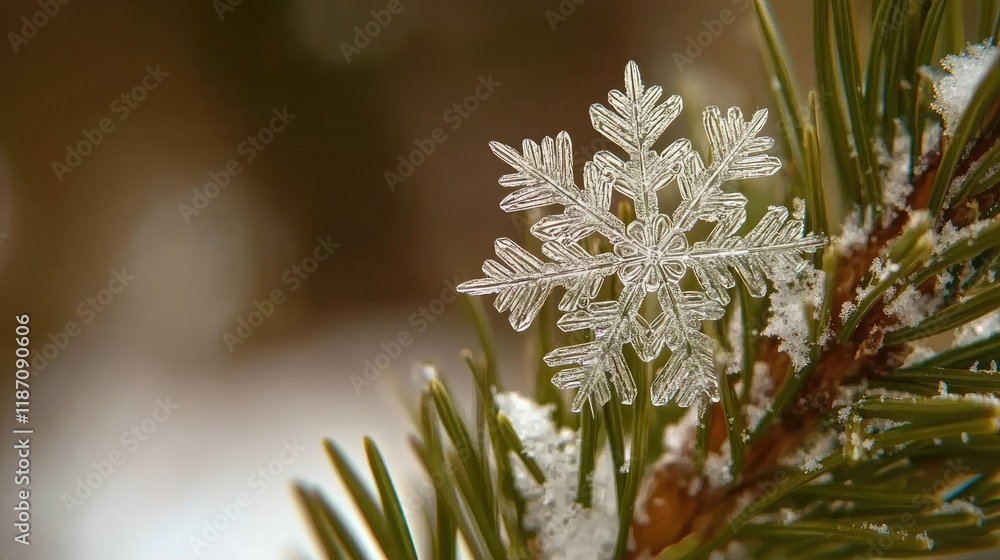 Poster Delicate Snowflake Resting On Pine Branch Needles